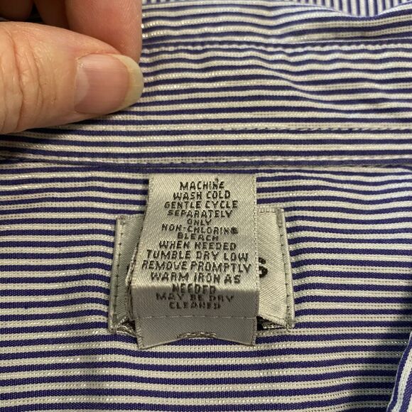 Chico's Wms 1/Med Blue White Pinstripe Button Up Top Silver Metallic Threads - Picture 5 of 5